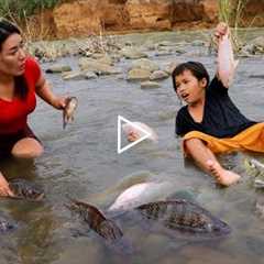 Catch many fish with girl in river- Roast fish with chili sauce eating delicious