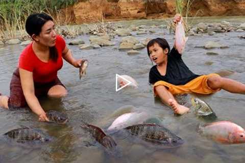 Catch many fish with girl in river- Roast fish with chili sauce eating delicious